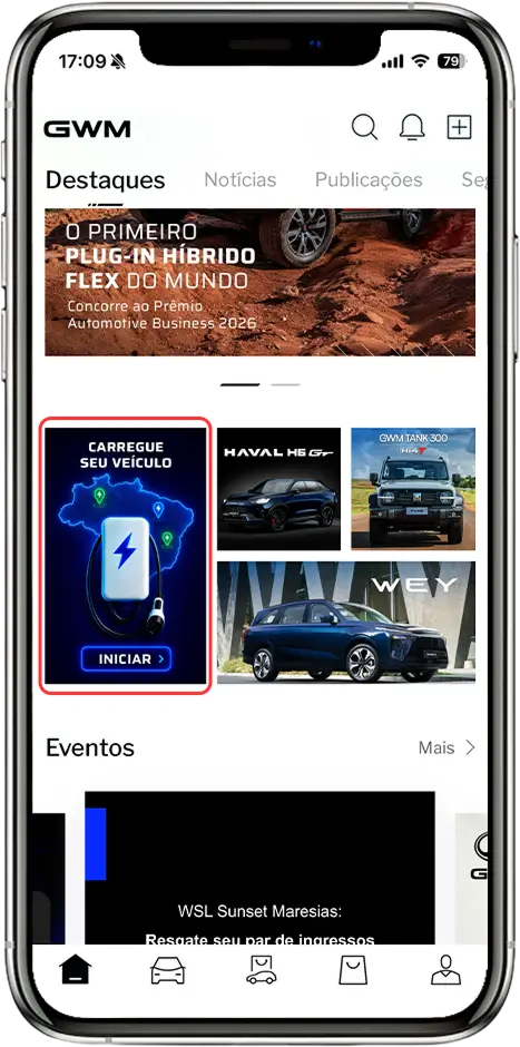 Tela inicial do app My GWM com o banner Carregue seu veículo em destaque