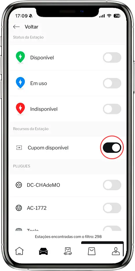 Tela de filtros do mapa com a opção Cupom disponível ativada