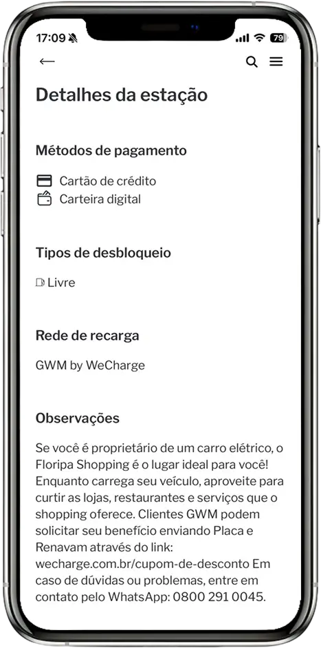 Tela Detalhes da estação com métodos de pagamento, tipo de desbloqueio e rede de recarga