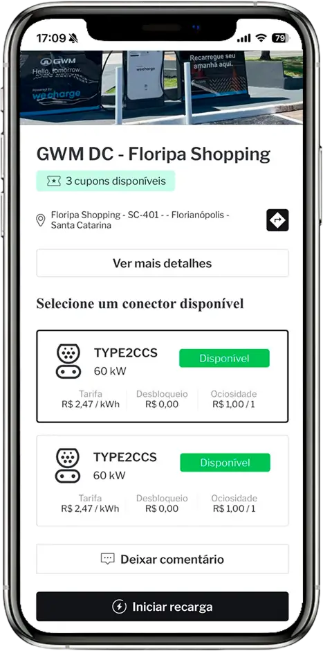 Tela da estação com os conectores disponíveis e o botão Iniciar recarga