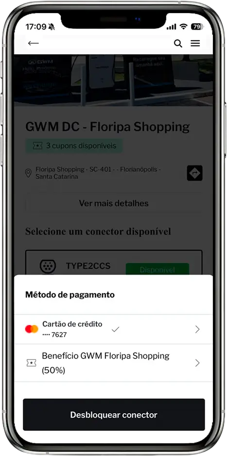 Janela Método de pagamento com o cupom aplicado e o botão Desbloquear conector