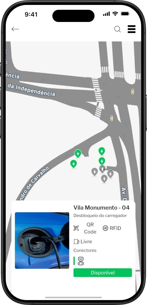 Visualização em tempo real e status dos carregadores